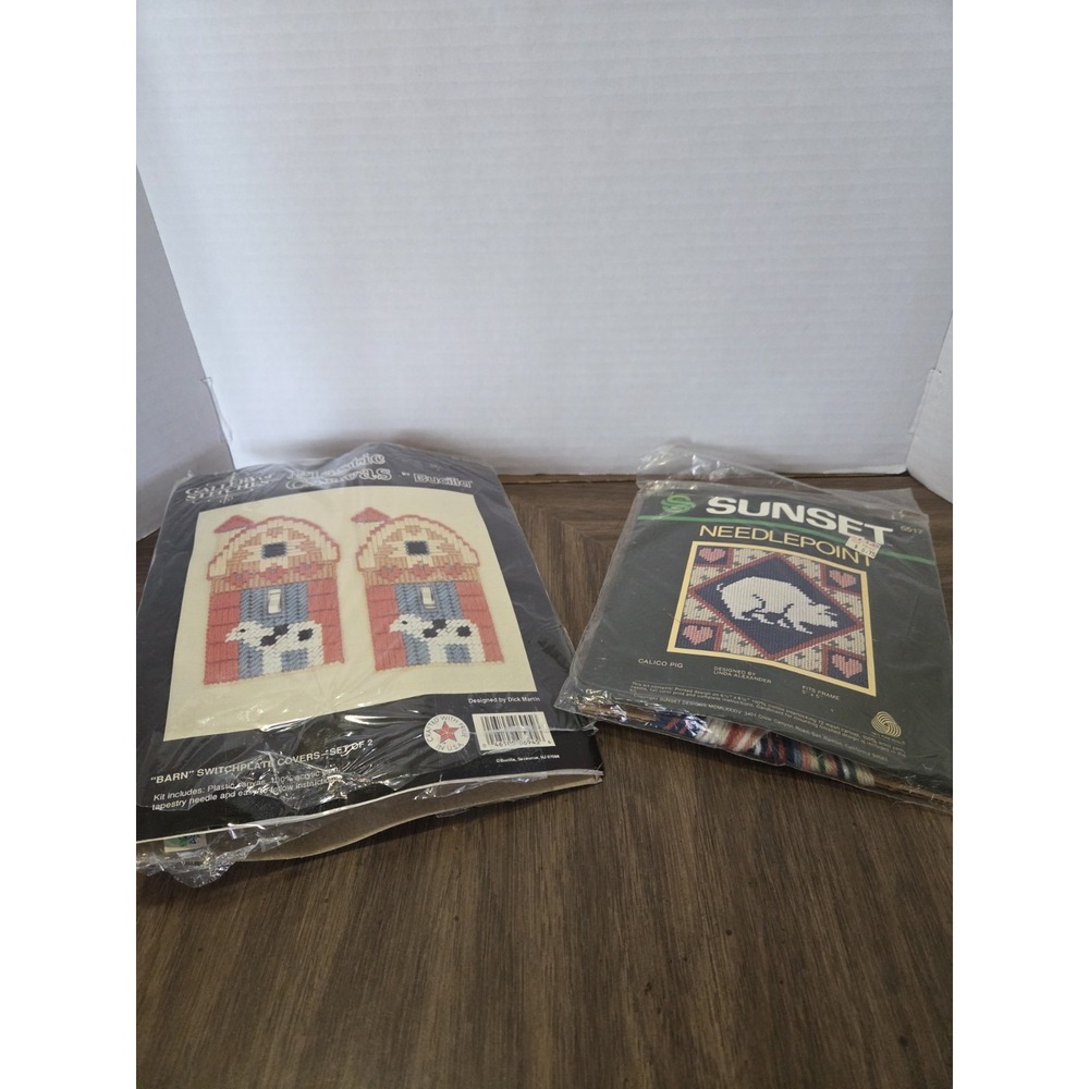 Sunset and Bucilla Needlepoint Kits, cow light switch cover, pig to frame, farm